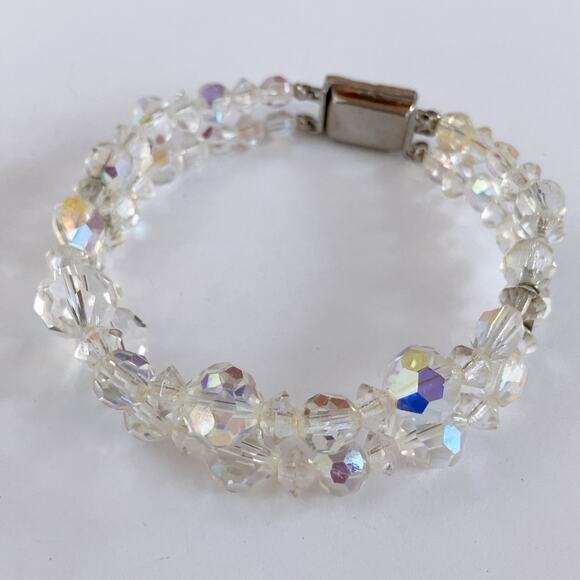 VTG Mid Century AB Crystal Double Strand Bracelet with Filigree Clasp 1950s - Picture 10 of 12